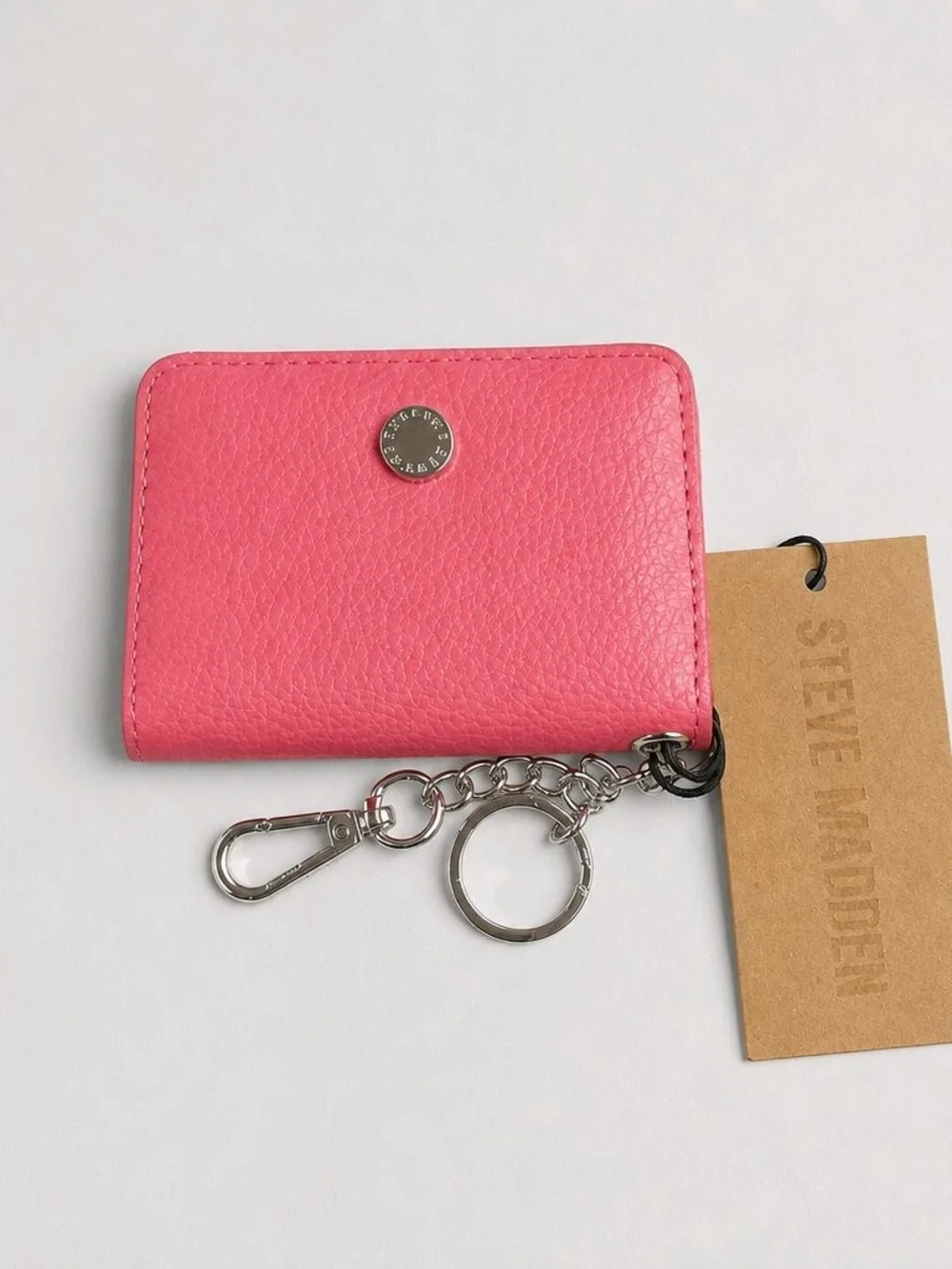 Steve Madden Raspberry Pebbled Leather Key & Card Holder w/ Silver Hardware NWT